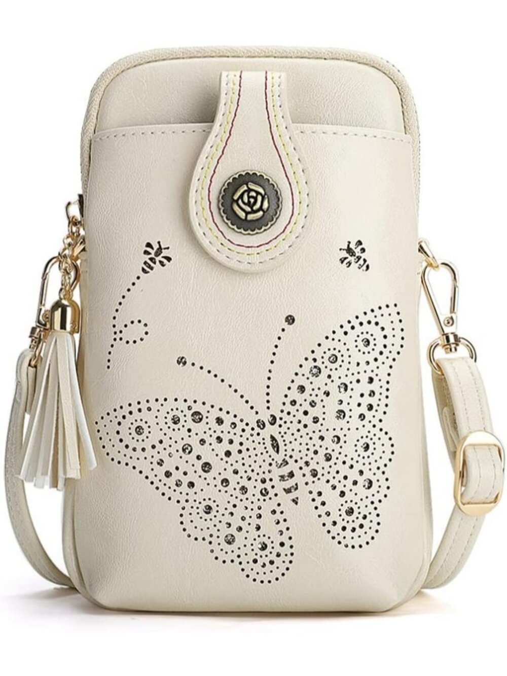 Women's White Small Crossbody Bag Leather Phone Purse With Adjustable Strap